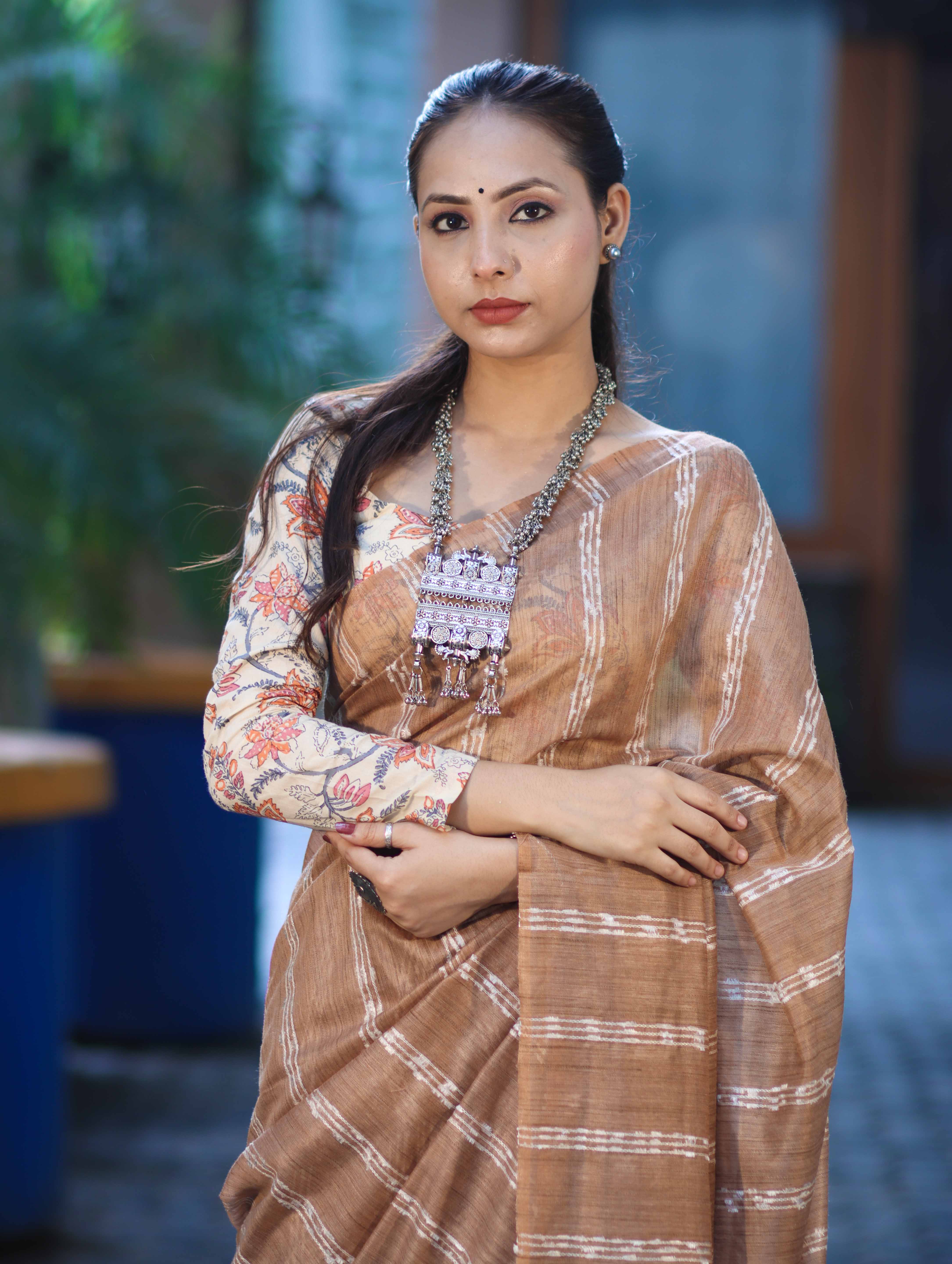 Bhagalpuri Handloom Cotton Silk Saree With Stripe Design-Light Brown