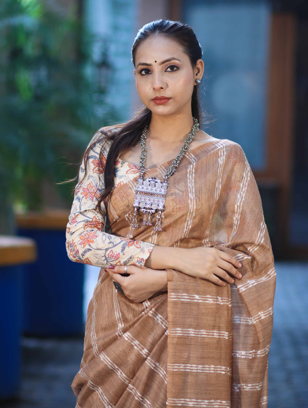 Bhagalpuri Handloom Cotton Silk Saree With Stripe Design-Light Brown