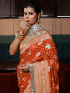 Banarasee Pure Chiffon Saree With Gold Zari Buti Design Border & Lace-Orange