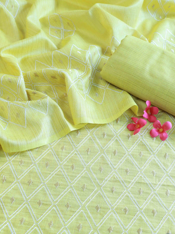 Handloom Khadi Cotton Embroidery Salwar Kameez Dupatta Set-Yellow