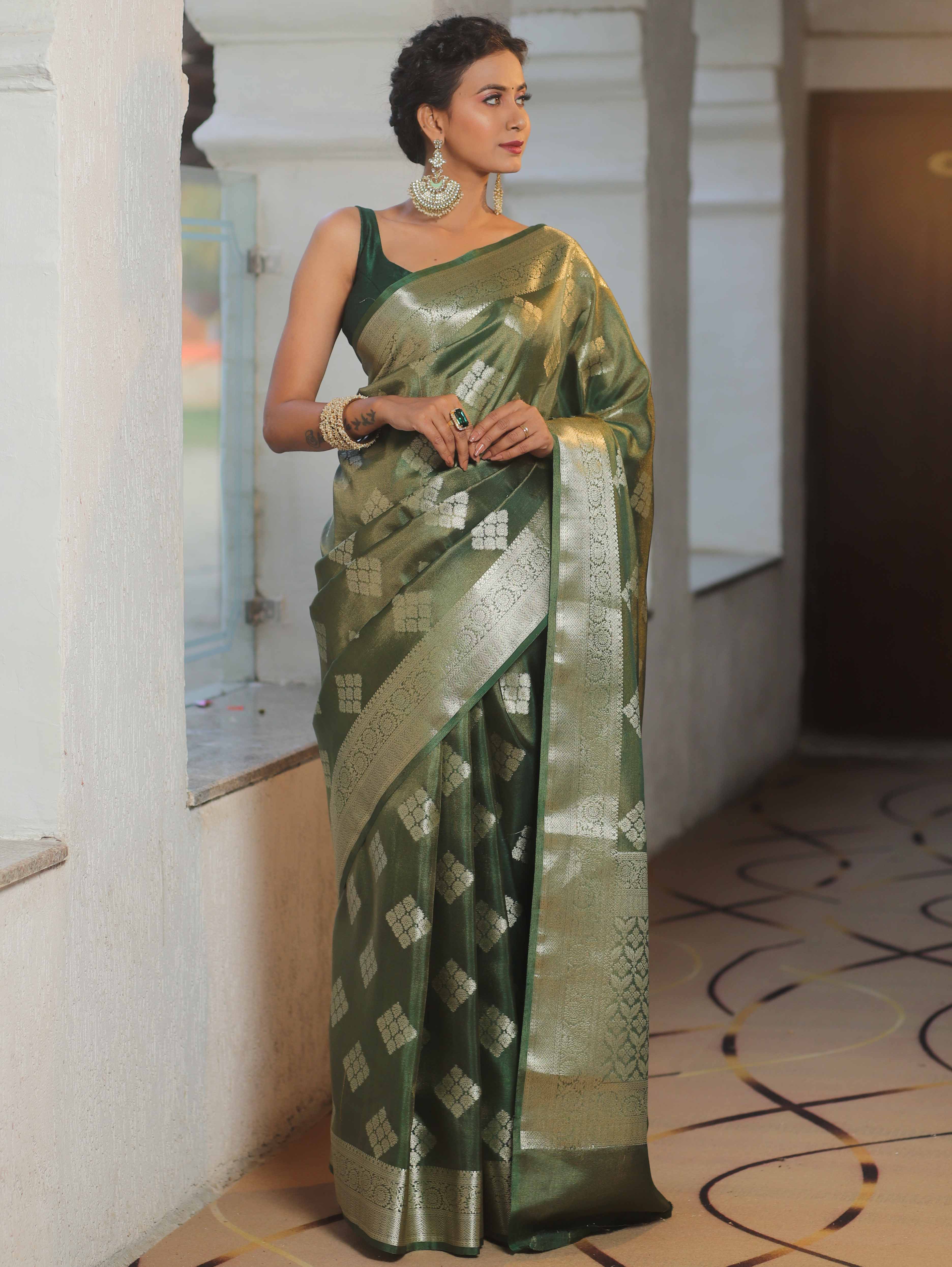 Banarasee Handwoven Floral Buta Tissue Saree-Green