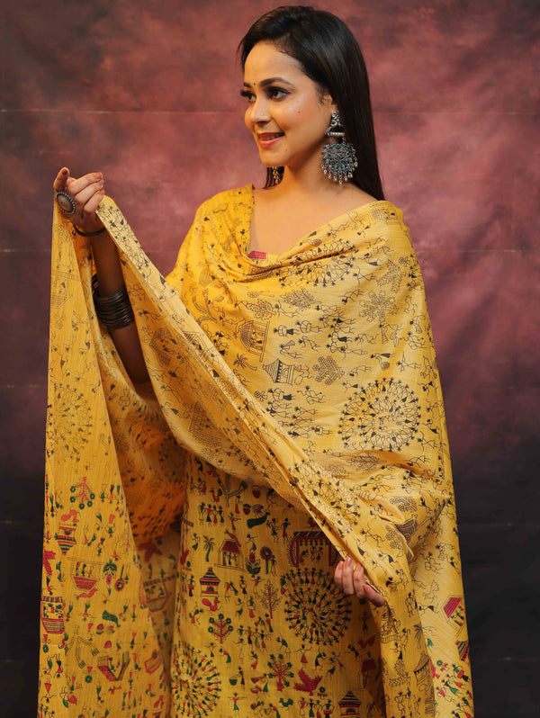 Pure Handloom Khadi Cotton Madhubani Print Salwar Kameez Dupatta Set-Yellow