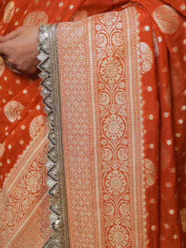 Banarasee Pure Chiffon Saree With Gold Zari Buti Design Border & Lace-Orange
