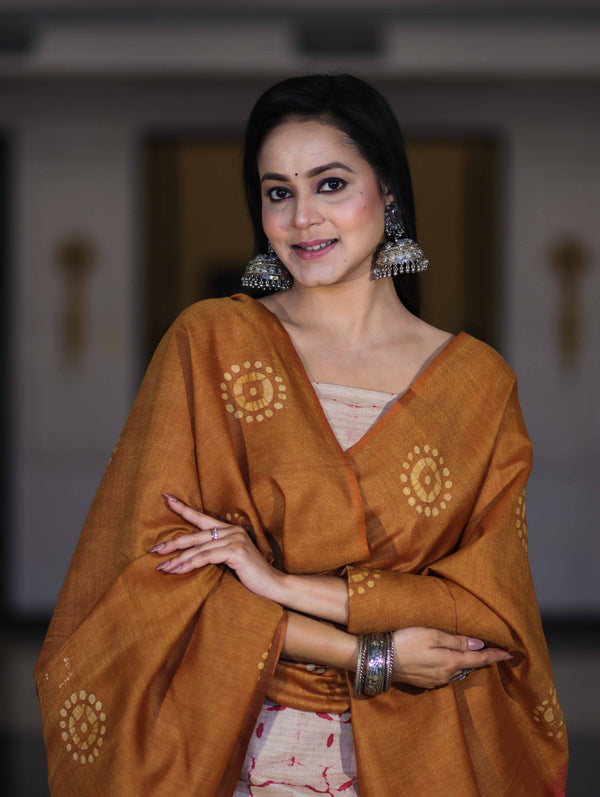 Pure Handloom Khadi Cotton Hand-Dyed Batik Pattern Salwar Kameez Dupatta Set-Dark Mustard & Pink