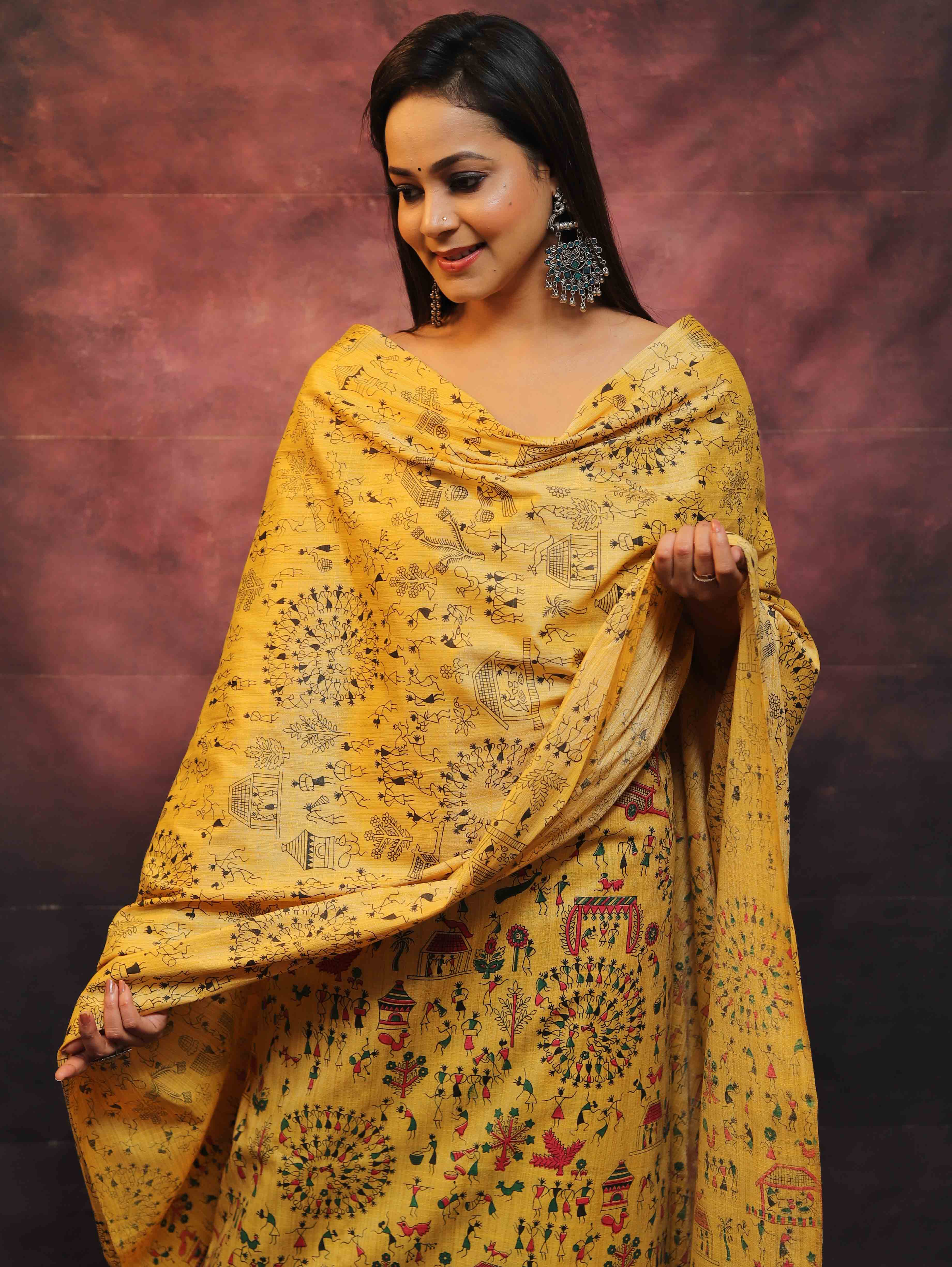 Pure Handloom Khadi Cotton Madhubani Print Salwar Kameez Dupatta Set-Yellow