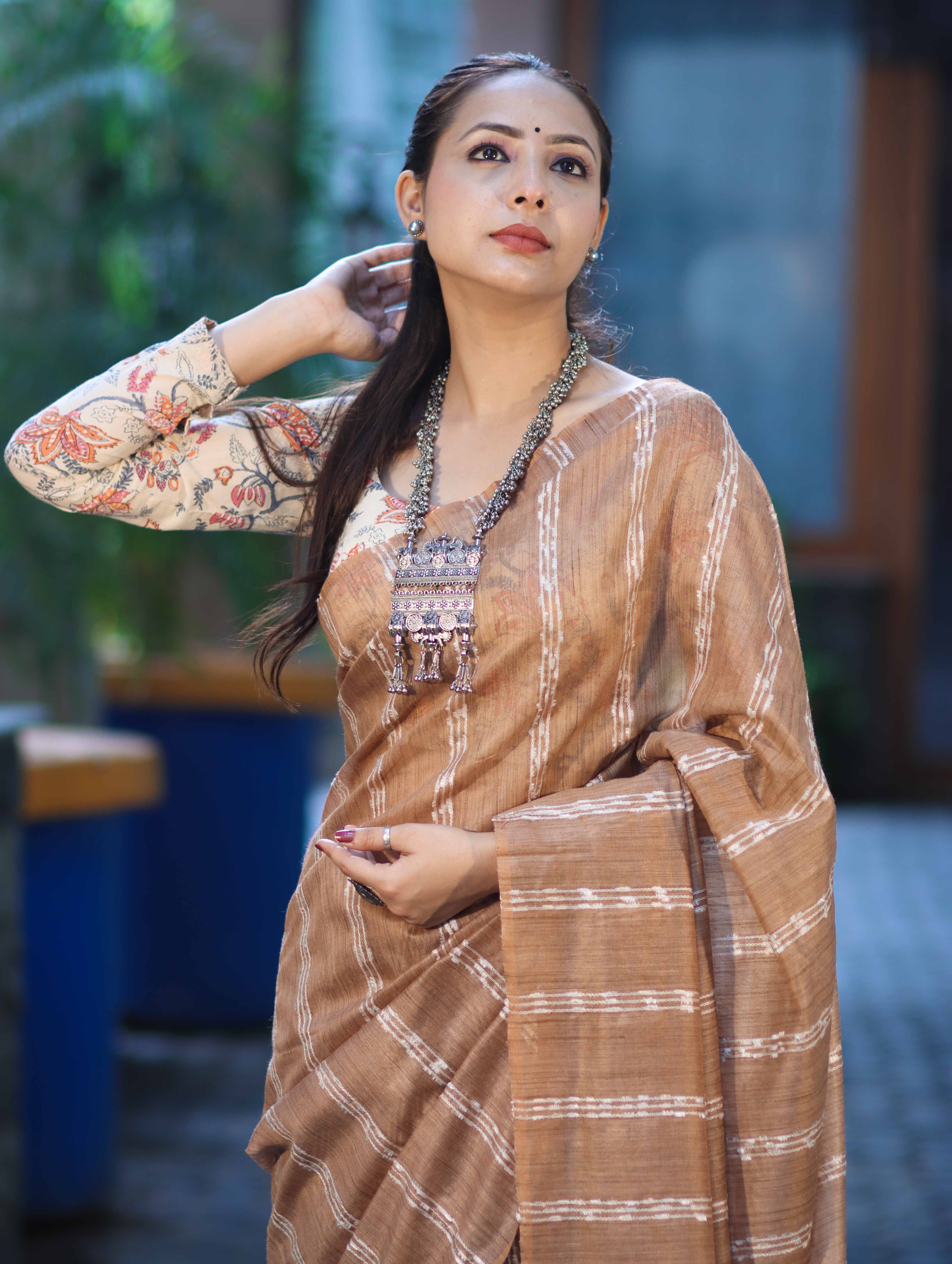 Bhagalpuri Handloom Cotton Silk Saree With Stripe Design-Light Brown