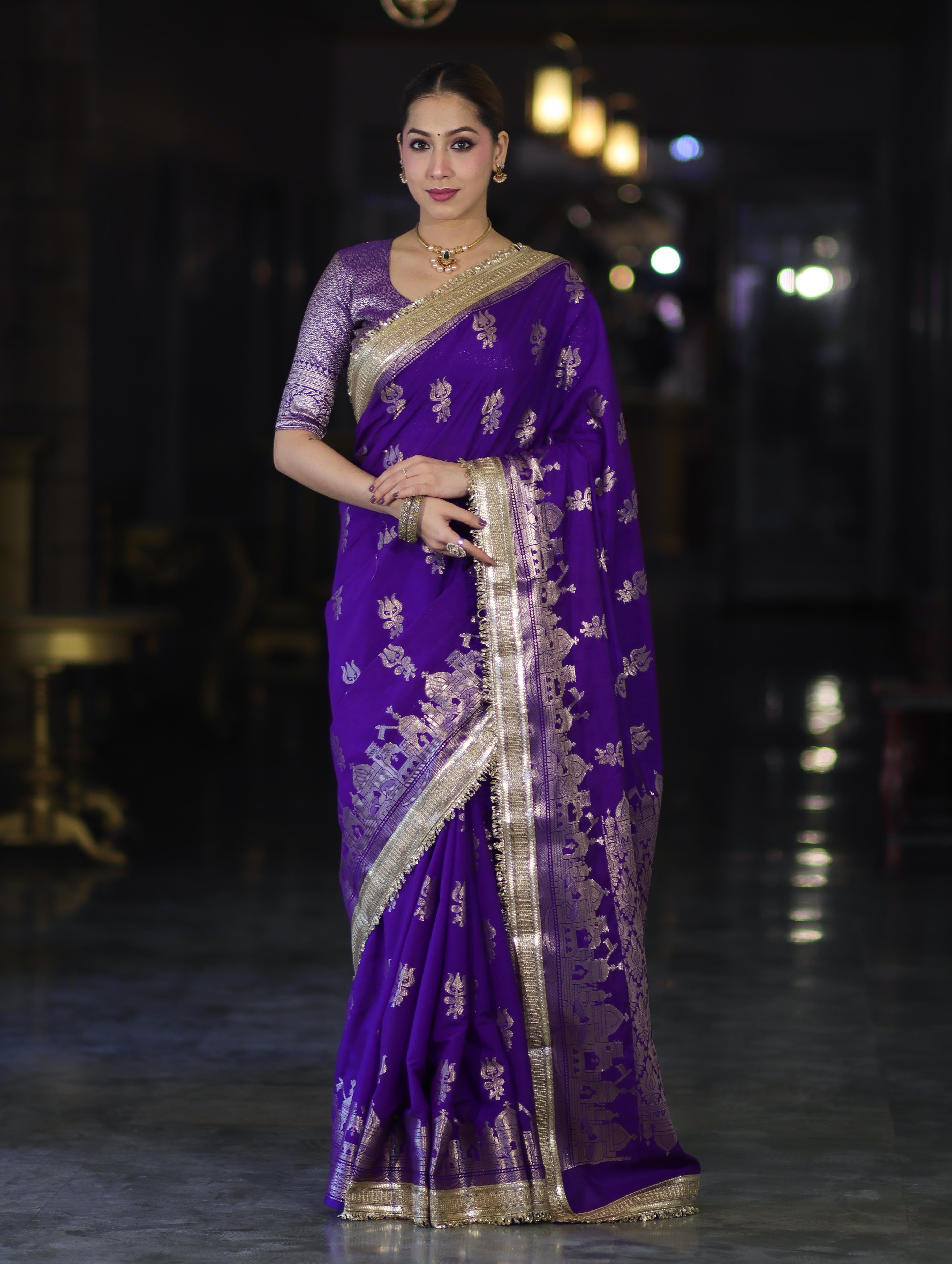 Banarasee Handloom Soft Silk Saree With Trishul Design Ganga Ghat Border & Lace-Violet