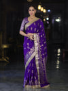Banarasee Handloom Soft Silk Saree With Trishul Design Ganga Ghat Border & Lace-Violet