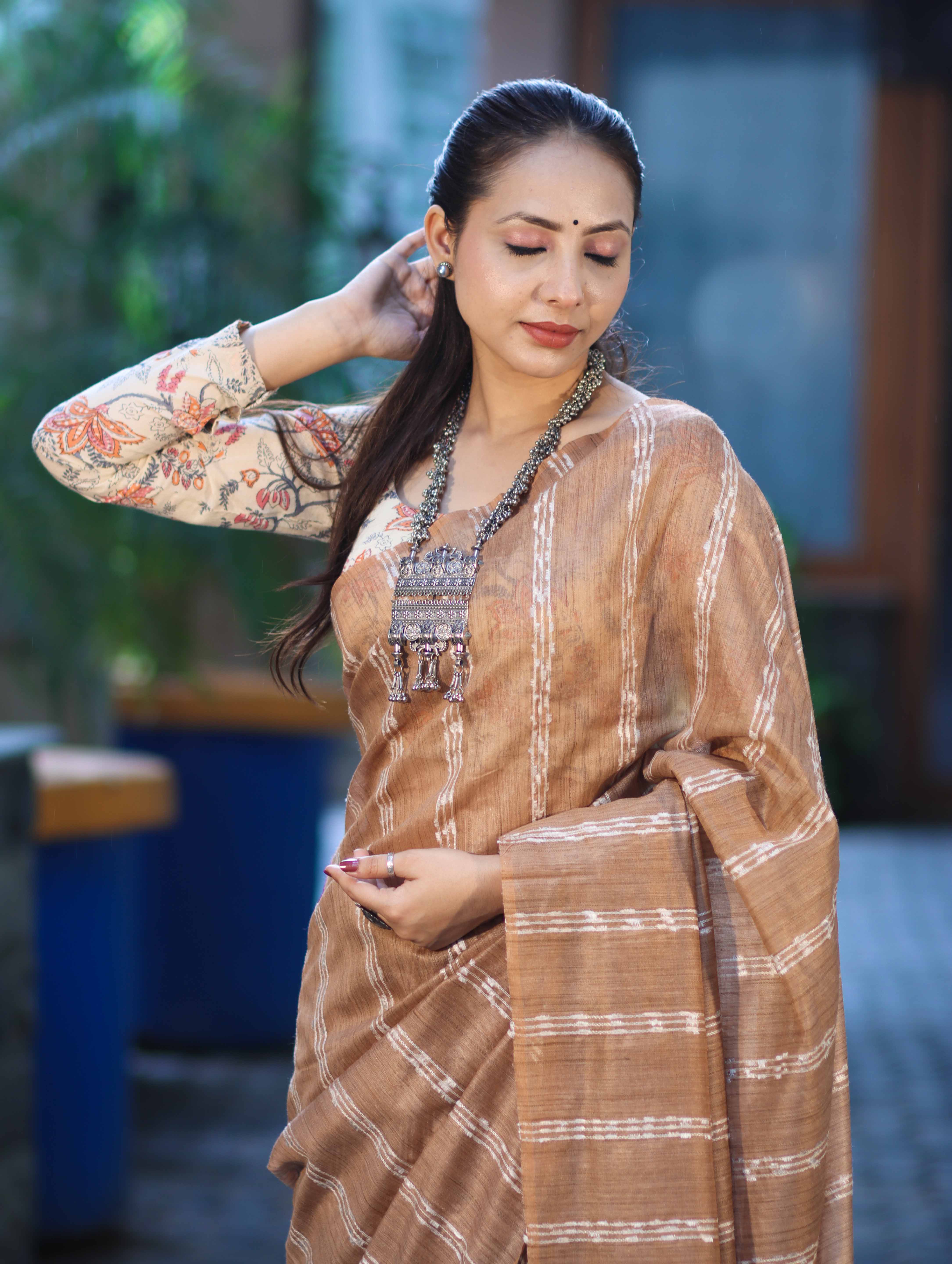 Bhagalpuri Handloom Cotton Silk Saree With Stripe Design-Light Brown