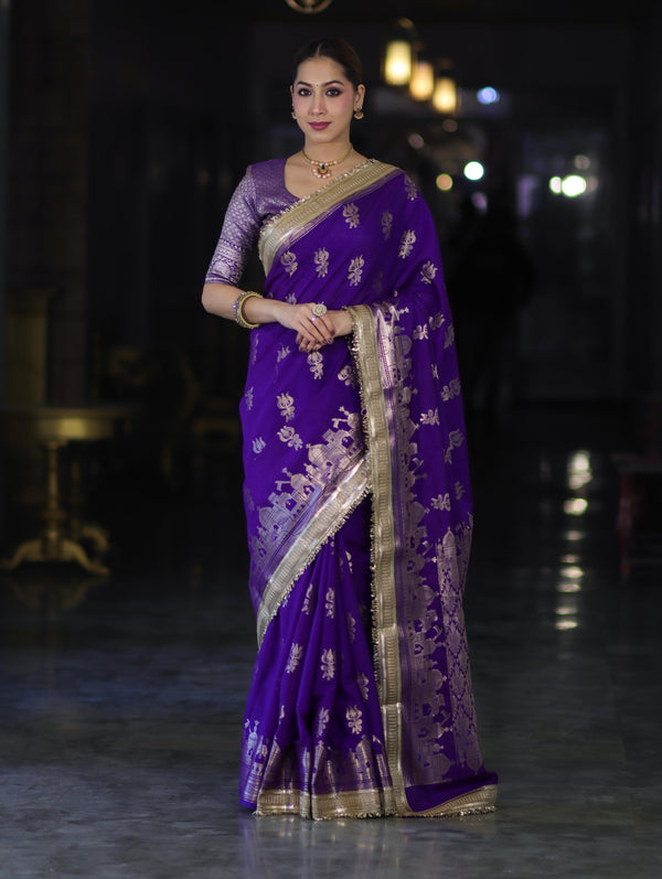 Banarasee Handloom Soft Silk Saree With Trishul Design Ganga Ghat Border & Lace-Violet