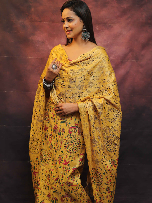 Pure Handloom Khadi Cotton Madhubani Print Salwar Kameez Dupatta Set-Yellow