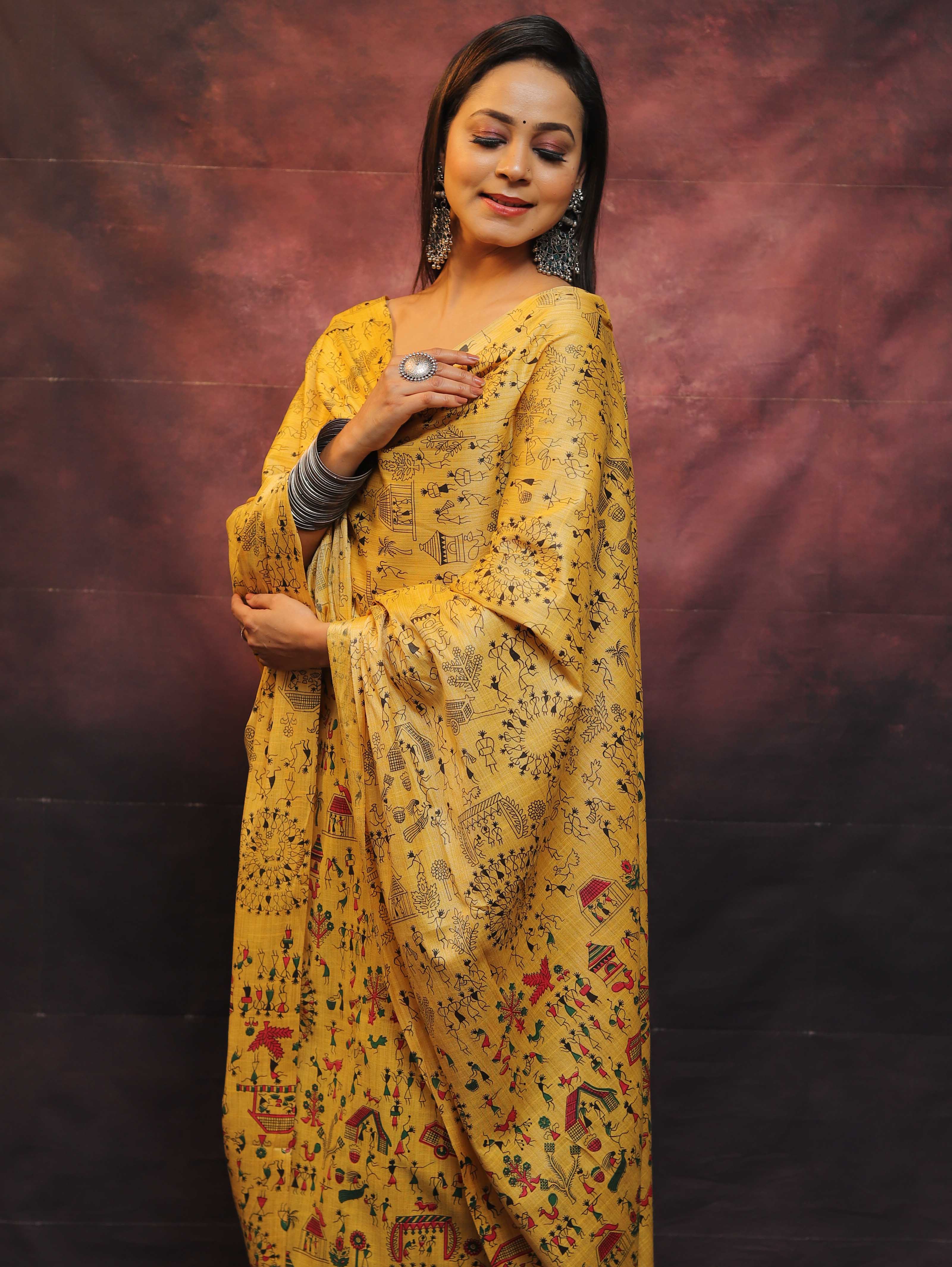 Pure Handloom Khadi Cotton Madhubani Print Salwar Kameez Dupatta Set-Yellow