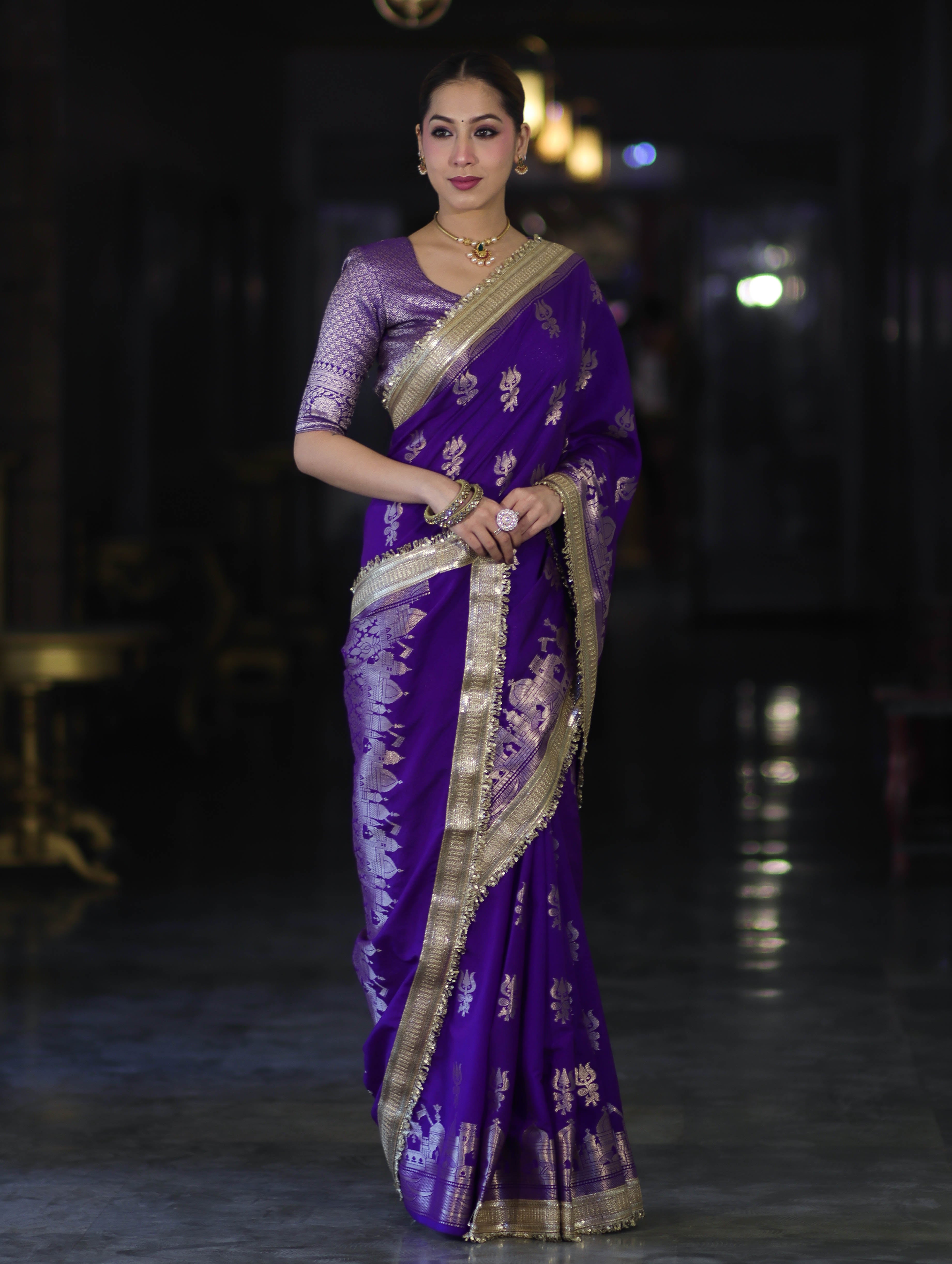 Banarasee Handloom Soft Silk Saree With Trishul Design Ganga Ghat Border & Lace-Violet