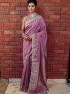 Banarasee Handwoven Semi Katan Saree With Sona Rupa Zari Buta Design Border & Lace-Onion Pink