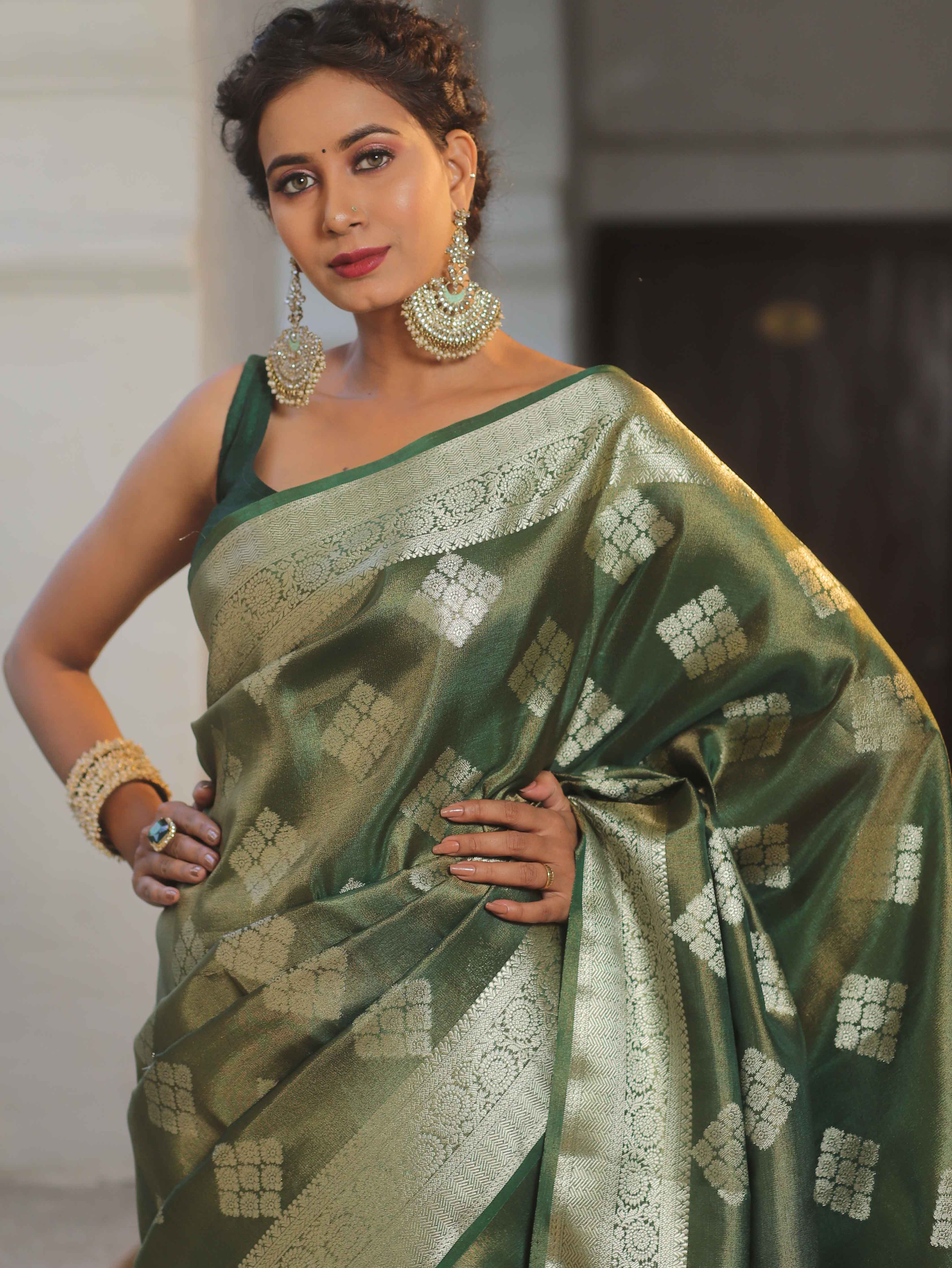 Banarasee Handwoven Floral Buta Tissue Saree-Green