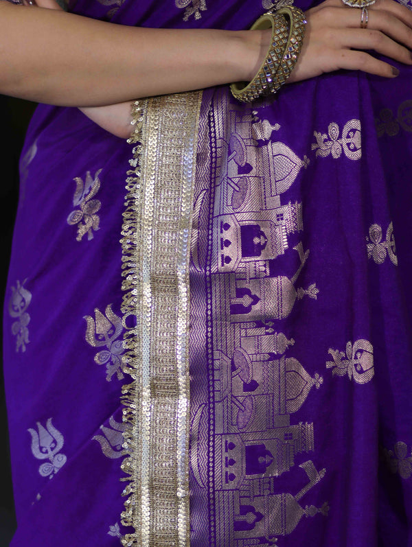 Banarasee Handloom Soft Silk Saree With Trishul Design Ganga Ghat Border & Lace-Violet