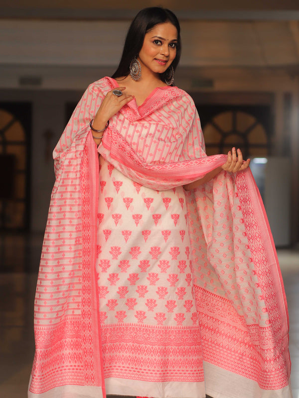 Banarasee Cotton Silk Resham Work Salwar Kameez Fabric & Dupatta-White