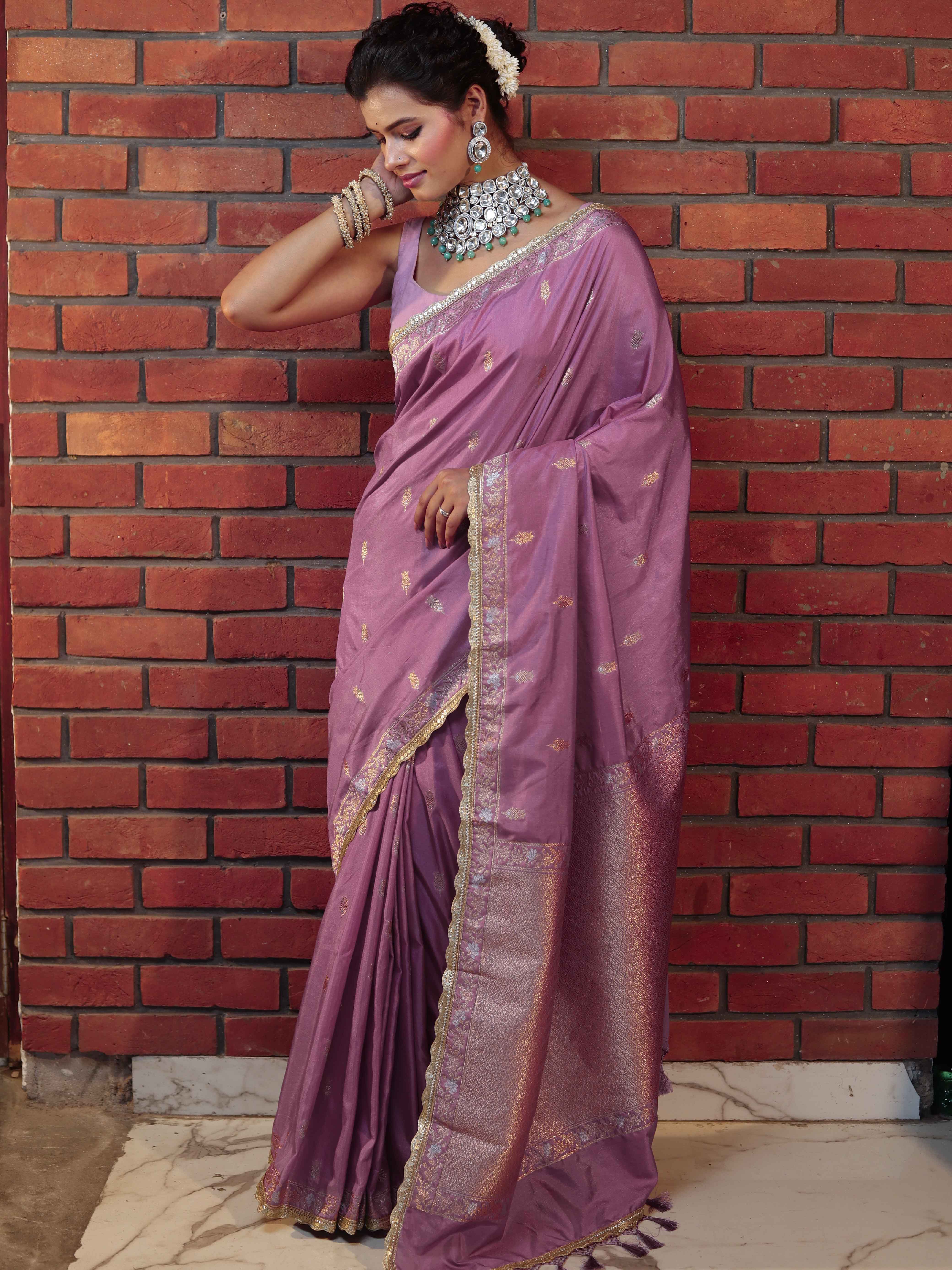 Banarasee Handwoven Semi Katan Saree With Sona Rupa Zari Buta Design Border & Lace-Onion Pink