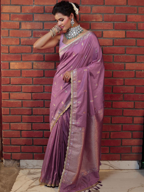 Banarasee Handwoven Semi Katan Saree With Sona Rupa Zari Buta Design Border & Lace-Onion Pink