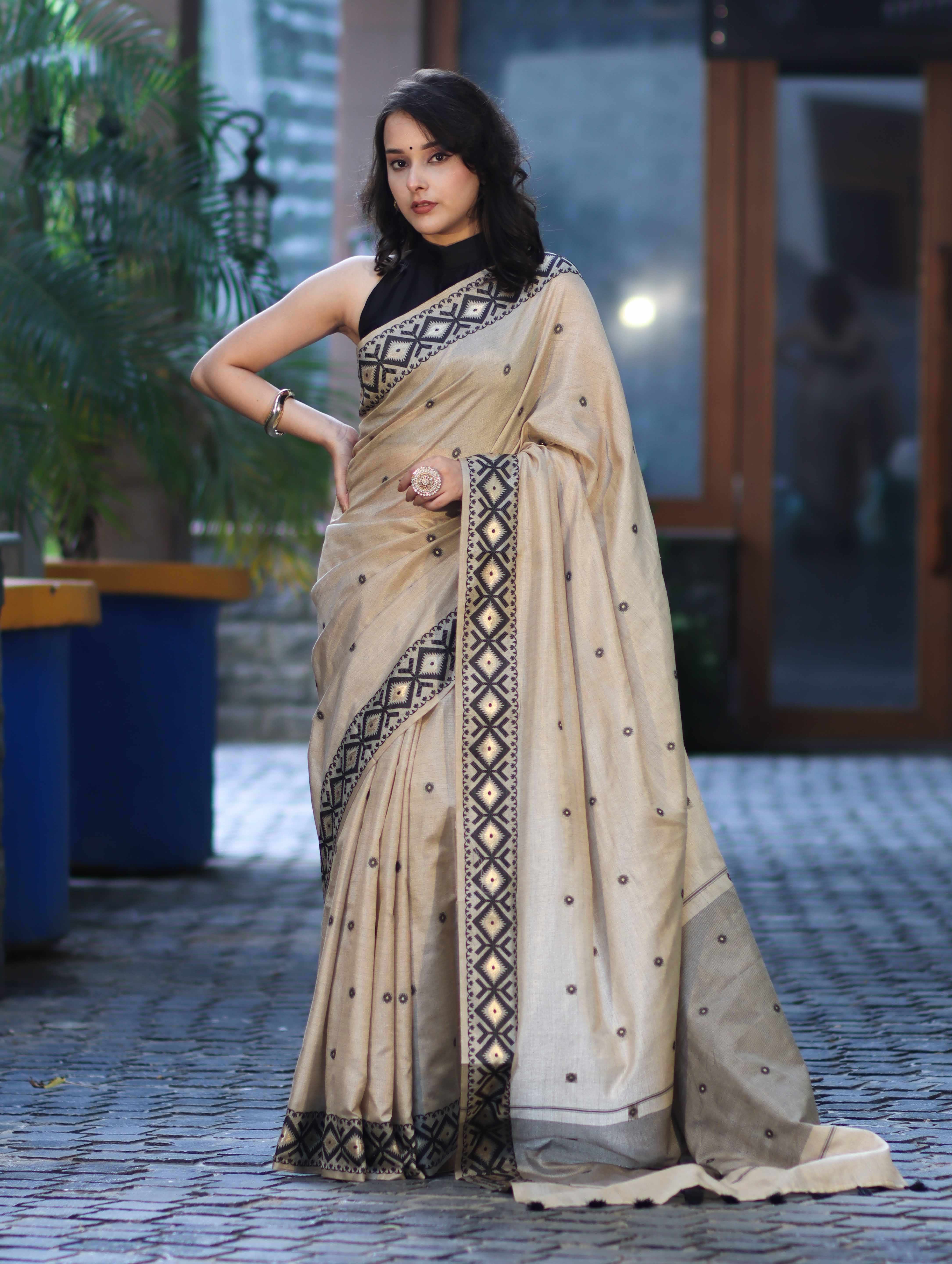 Banarasee Handwoven Semi-Tussar Saree With Resham Work & Geometric Border-Beige & Black