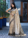 Banarasee Handwoven Semi-Tussar Saree With Resham Work & Geometric Border-Beige & Black