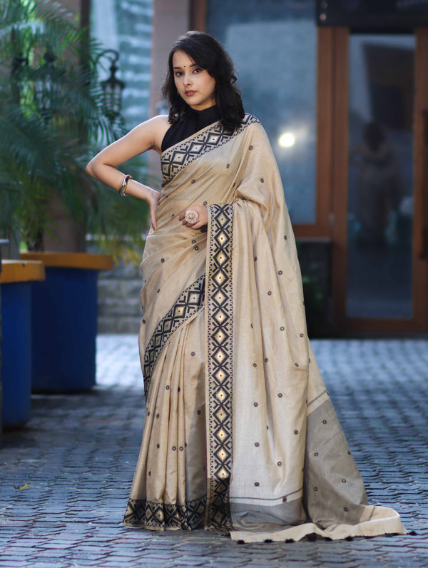Banarasee Handwoven Semi-Tussar Saree With Resham Work & Geometric Border-Beige & Black