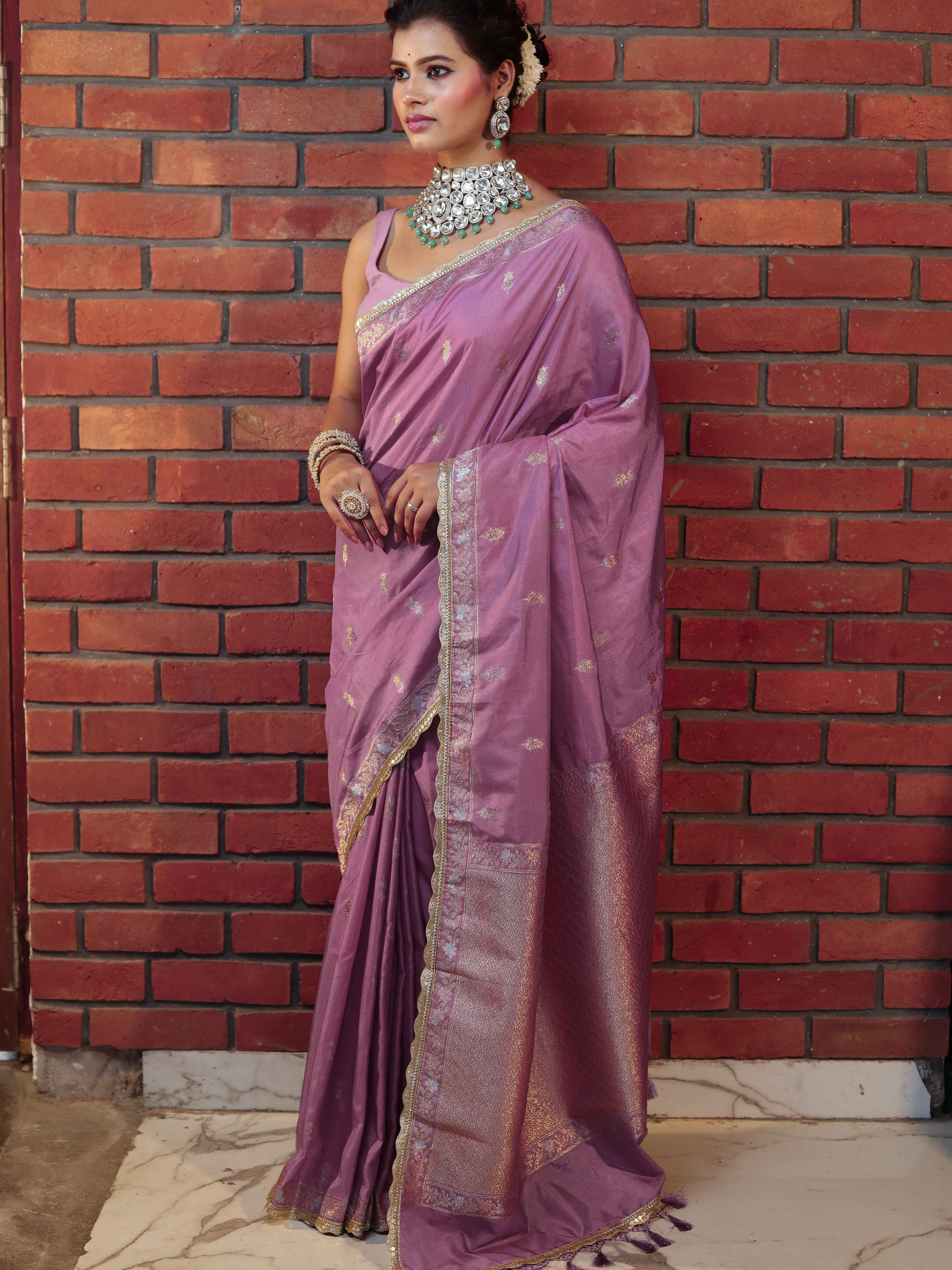 Banarasee Handwoven Semi Katan Saree With Sona Rupa Zari Buta Design Border & Lace-Onion Pink