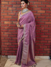 Banarasee Handwoven Semi Katan Saree With Sona Rupa Zari Buta Design Border & Lace-Onion Pink