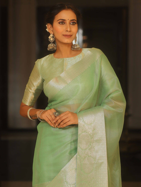 Banarasee Handwoven Plain Tissue Skirt Border Saree-Light Green