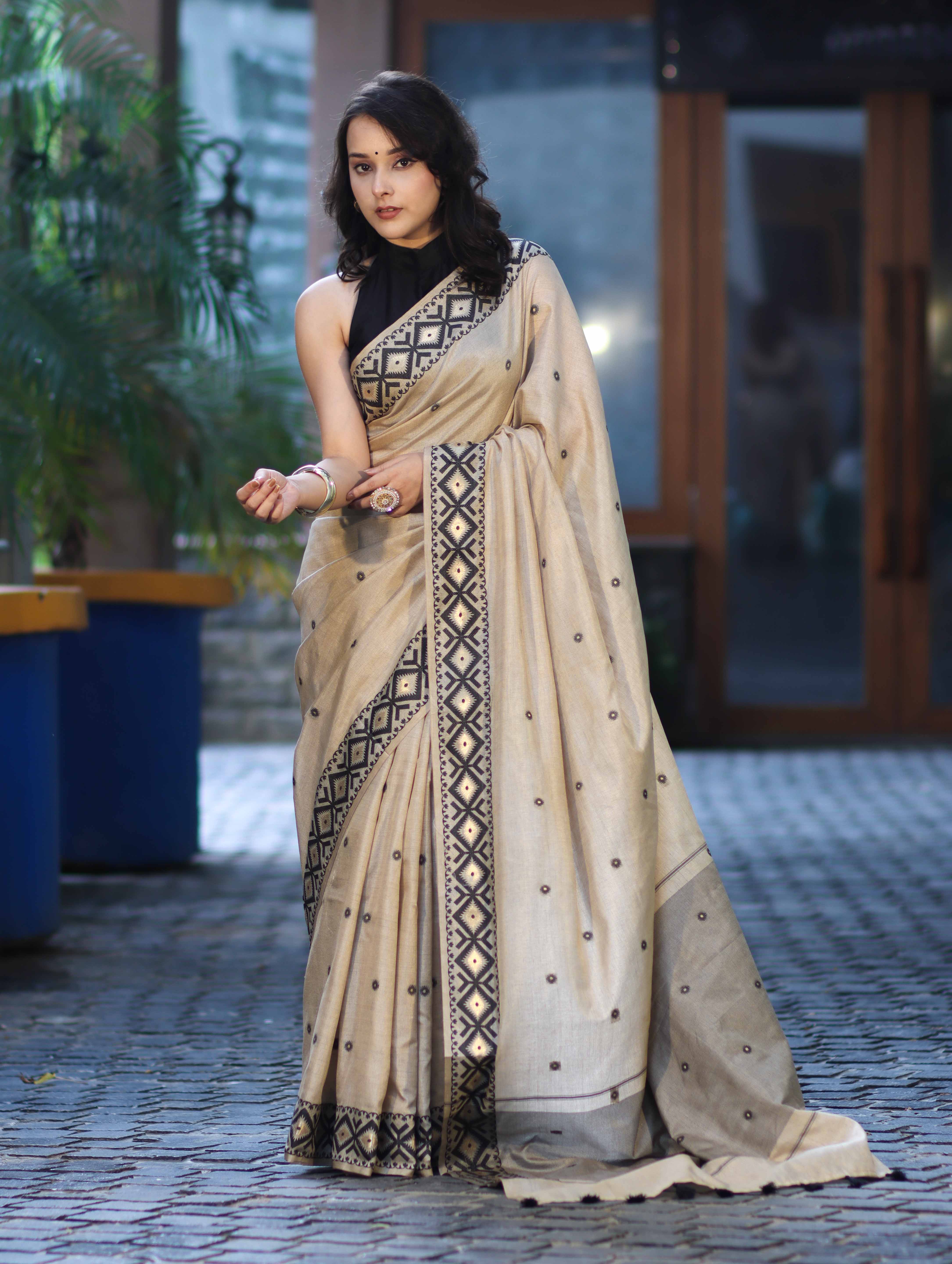 Banarasee Handwoven Semi-Tussar Saree With Resham Work & Geometric Border-Beige & Black