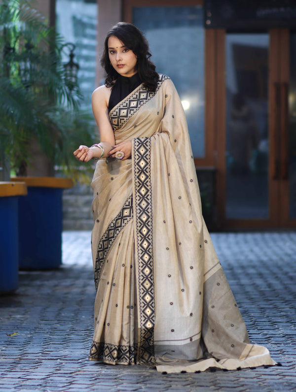 Banarasee Handwoven Semi-Tussar Saree With Resham Work & Geometric Border-Beige & Black