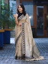 Banarasee Handwoven Semi-Tussar Saree With Resham Work & Geometric Border-Beige & Black