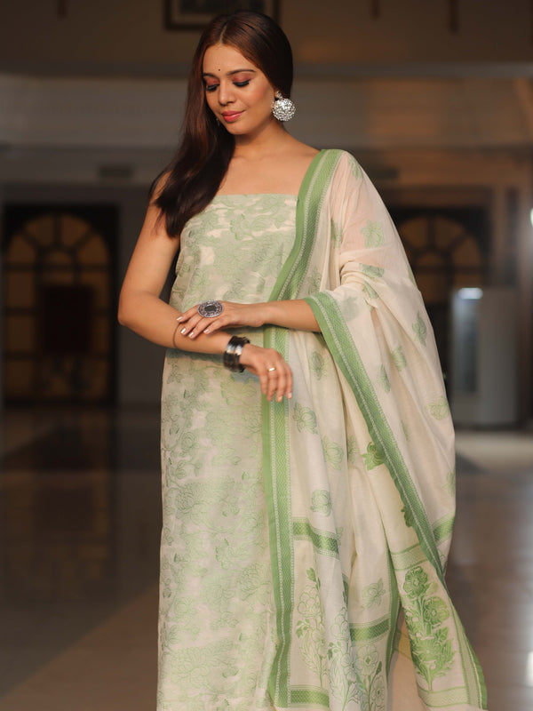 Banarasee Cotton Silk Resham Work Salwar Kameez Fabric & Dupatta-White