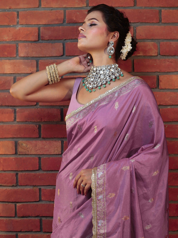 Banarasee Handwoven Semi Katan Saree With Sona Rupa Zari Buta Design Border & Lace-Onion Pink