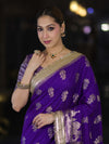 Banarasee Handloom Soft Silk Saree With Trishul Design Ganga Ghat Border & Lace-Violet