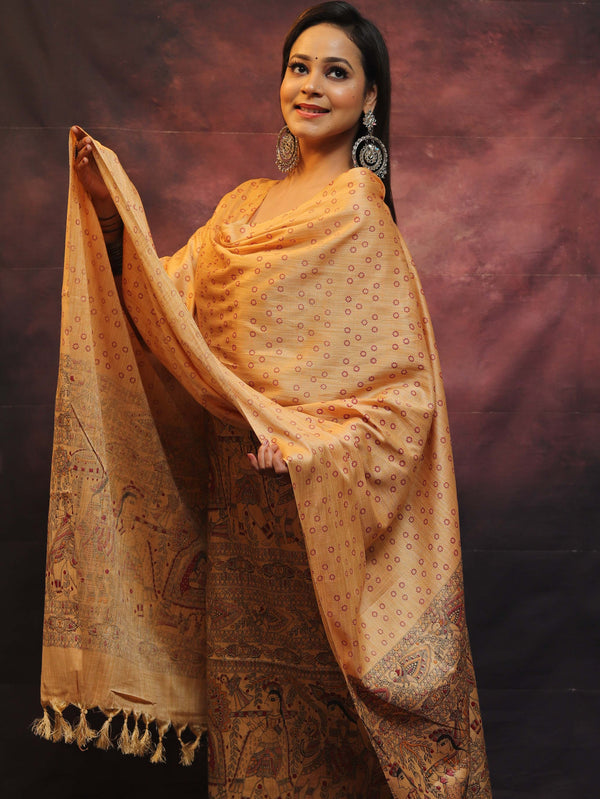 Pure Handloom Khadi Cotton Madhubani Print Salwar Kameez Dupatta Set-Beige