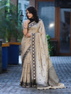 Banarasee Handwoven Semi-Tussar Saree With Resham Work & Geometric Border-Beige & Black