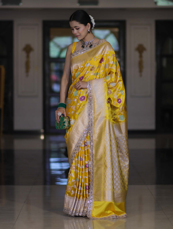 Banarasee Handloom Mashru Silk Saree With Jaal Design & Lace Border-Yellow