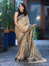 Banarasee Handwoven Semi-Tussar Saree With Resham Work & Geometric Border-Beige & Black