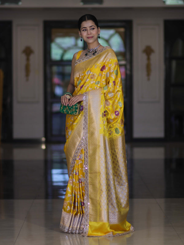 Banarasee Handloom Mashru Silk Saree With Jaal Design & Lace Border-Yellow
