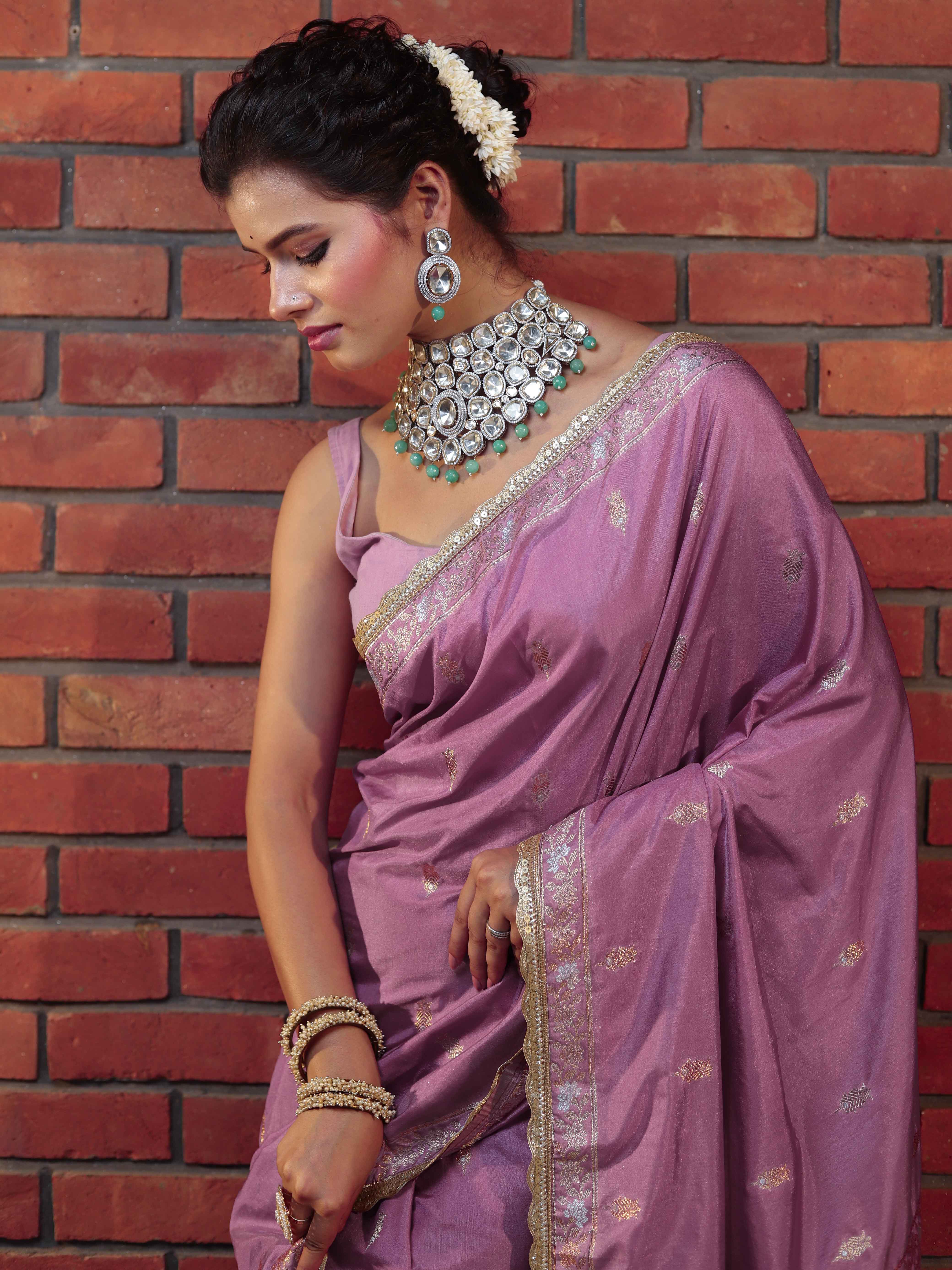 Banarasee Handwoven Semi Katan Saree With Sona Rupa Zari Buta Design Border & Lace-Onion Pink
