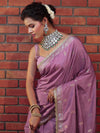 Banarasee Handwoven Semi Katan Saree With Sona Rupa Zari Buta Design Border & Lace-Onion Pink