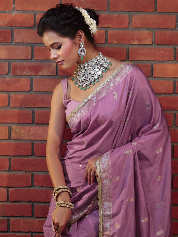 Banarasee Handwoven Semi Katan Saree With Sona Rupa Zari Buta Design Border & Lace-Onion Pink