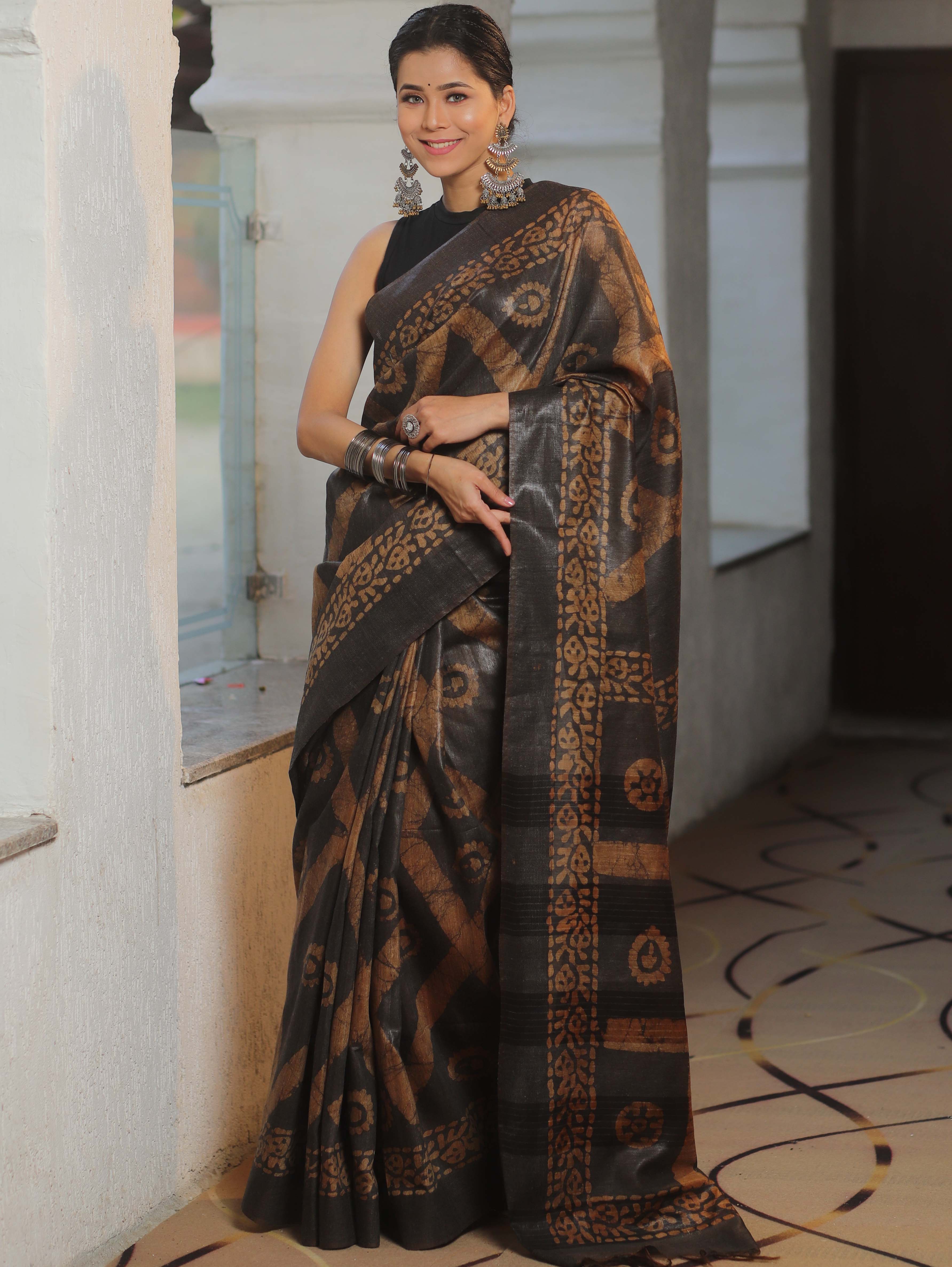 Bhagalpur Handloom Pure Linen Cotton Shibori Saree-Black & Brown
