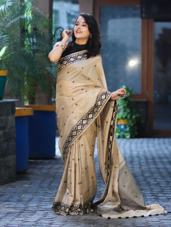 Banarasee Handwoven Semi-Tussar Saree With Resham Work & Geometric Border-Beige & Black