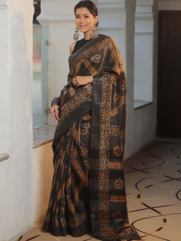 Bhagalpur Handloom Pure Linen Cotton Shibori Saree-Black & Brown