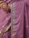 Banarasee Handwoven Semi Katan Saree With Sona Rupa Zari Buta Design Border & Lace-Onion Pink