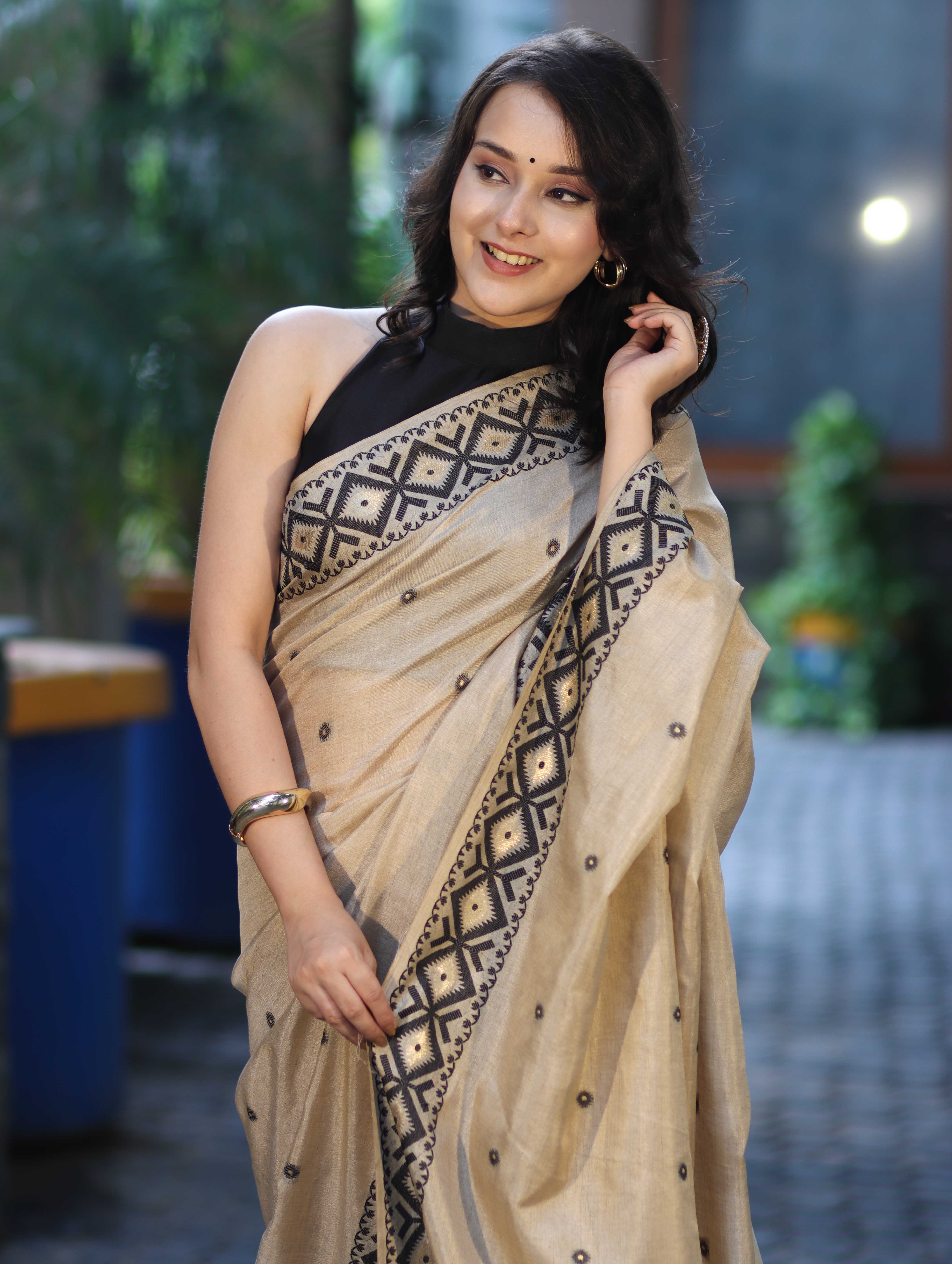 Banarasee Handwoven Semi-Tussar Saree With Resham Work & Geometric Border-Beige & Black