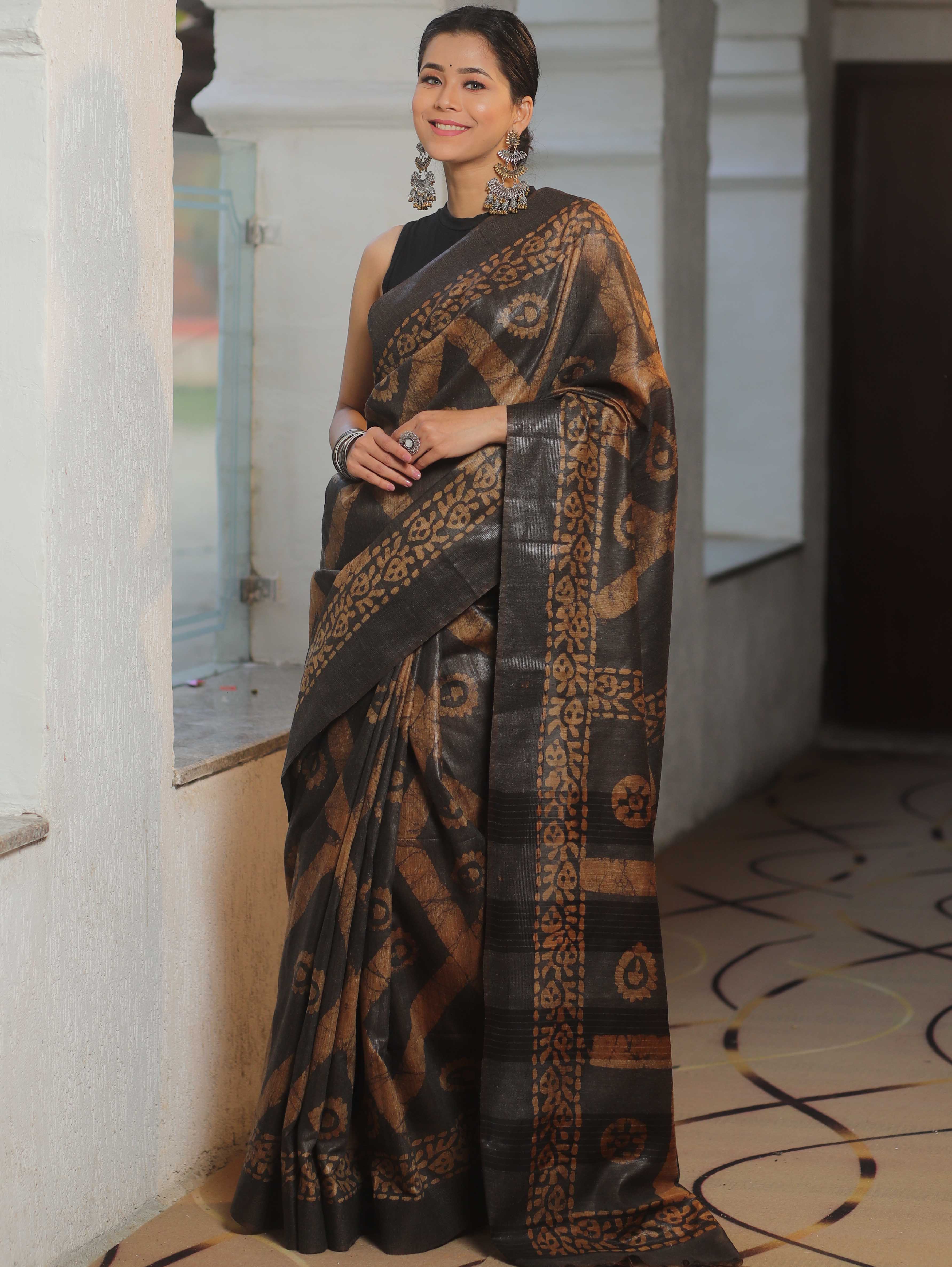 Bhagalpur Handloom Pure Linen Cotton Shibori Saree-Black & Brown