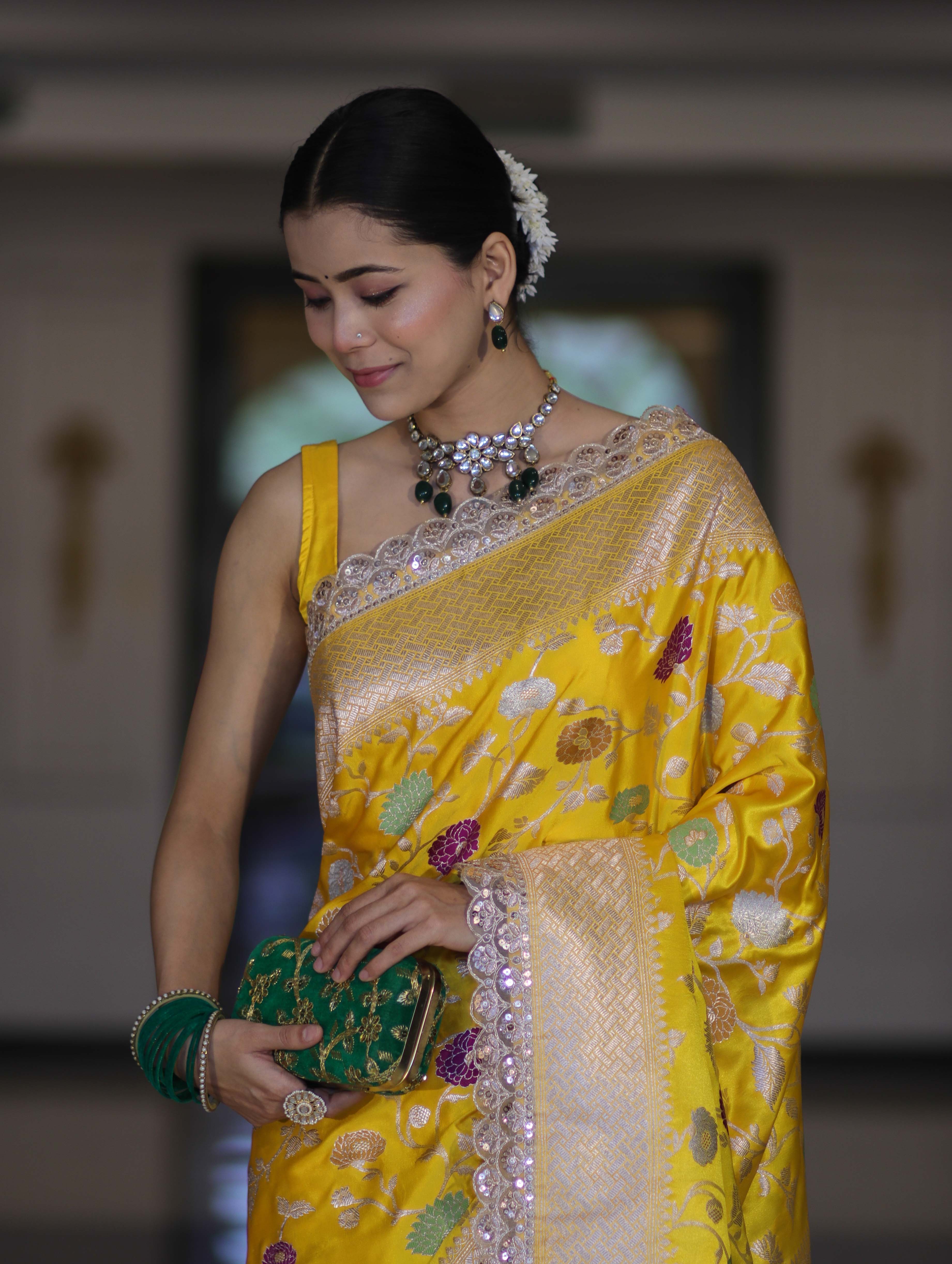 Banarasee Handloom Mashru Silk Saree With Jaal Design & Lace Border-Yellow
